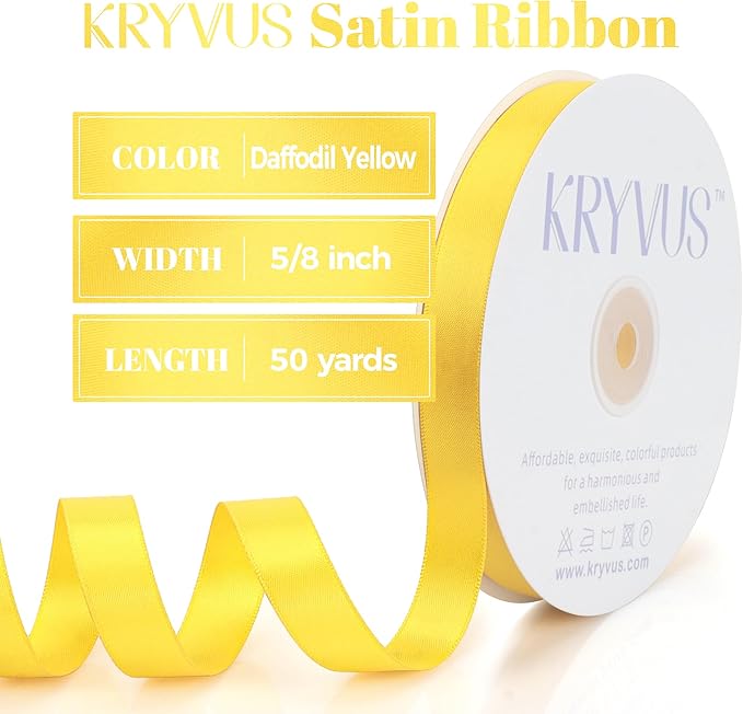 Daffodil Yellow Satin Ribbon, Double Faced 5/8 Inch X 50 Yards Daffodil Ribbon, Premium Satin Ribbon for Gift Wrapping, Crafts, Hair Bow Making, Sewing, Flower Bouquet, Wedding Party Decor
