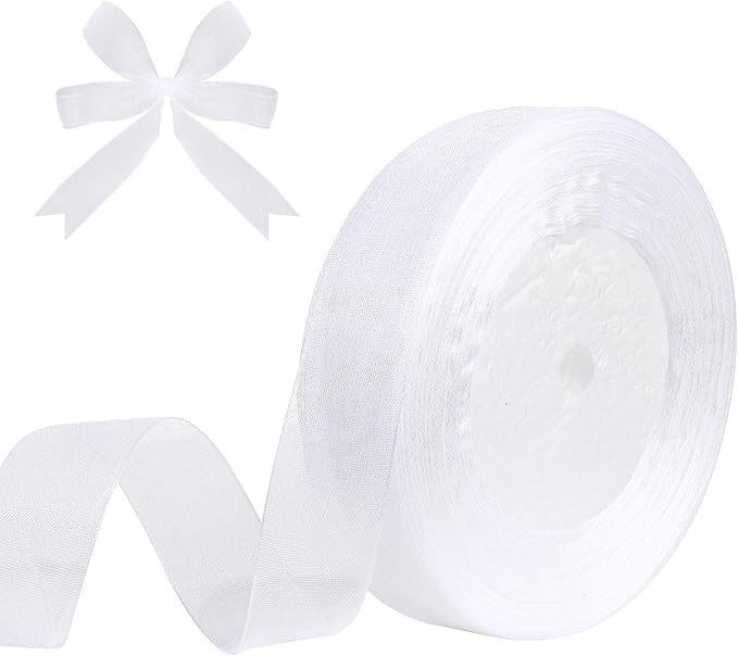 3/4 Inch x 50 Yards Sheer Organza Ribbon Chiffon Ribbon for Gift Wedding Flower Bouquet Wrapping Decorations Crafts (White)