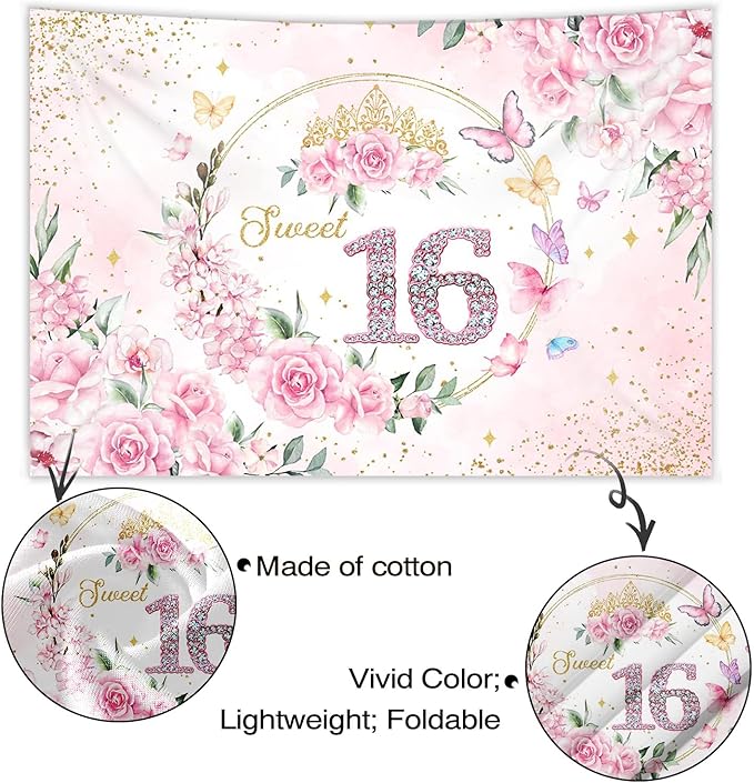Mocsicka 7x5ft Sweet 16 Backdrop Sweet 16 Banner Decorations for Girls Birthday Party Pink Floral Gold Dots Sweet 16 Background Sweet Sixteen Decorations Photo Booth Props