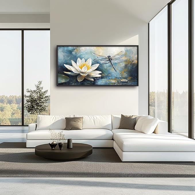 Extra Large Lotus Dragonfly Framed Wall Art for Living Room,Abstract Blue Lotus Flower Lake Pictures Wall Decor,Nature Canvas Print Painting Modern Artwork Bedroom Office Bathroom 60L x 30W
