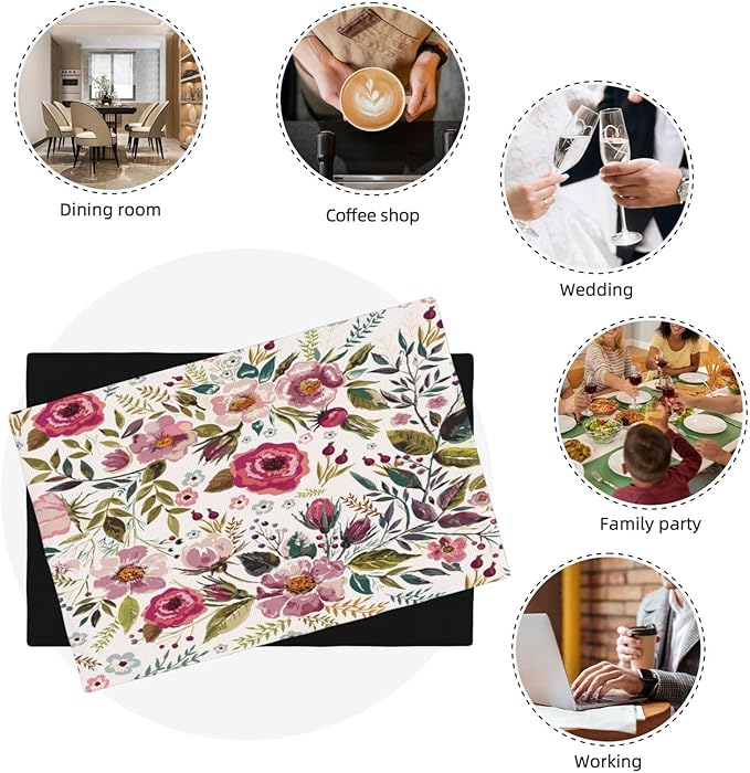 Watercolor Flower Linen Placemats Set of 4,Summer Floral Non Slip Heat-Resistant Washable Table Place Mats Tablemats for Kitchen Dining Table 6 PCS, Pink Flowers