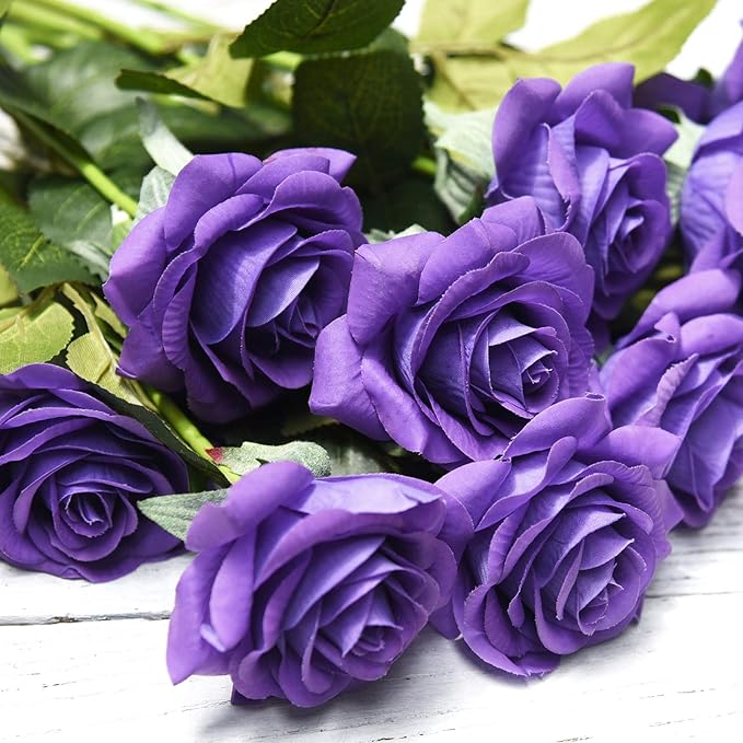 FiveSeasonStuff 12 Stems Artificial Flowers Real Touch Silk Roses for Wedding Decoration Bridal Bouquets Table Centerpieces Party Shower, Packed in Box (Imperial Purple) perial Purple