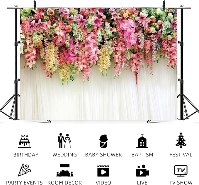 9x6ft Pink Floral Backdrop White Curtain Wedding Reception Photography Background Colorful Flowers Anniversary Bridal Shower Decorations Birthday Party Baby Shower Portrait Photo Booth Prop
