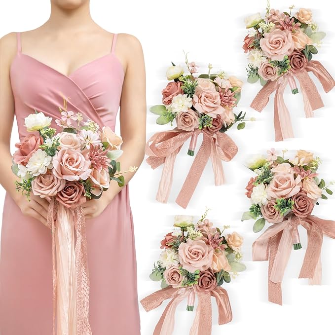 TINGE TIME 7 Inch Wedding Bouquets for Bridesmaid, Set of 4, Artificial Flowers Cascading Bridal Bouquet for Wedding Ceremony Anniversary, Bridal Shower and French Rustic Vintage Wedding (DustyRose)