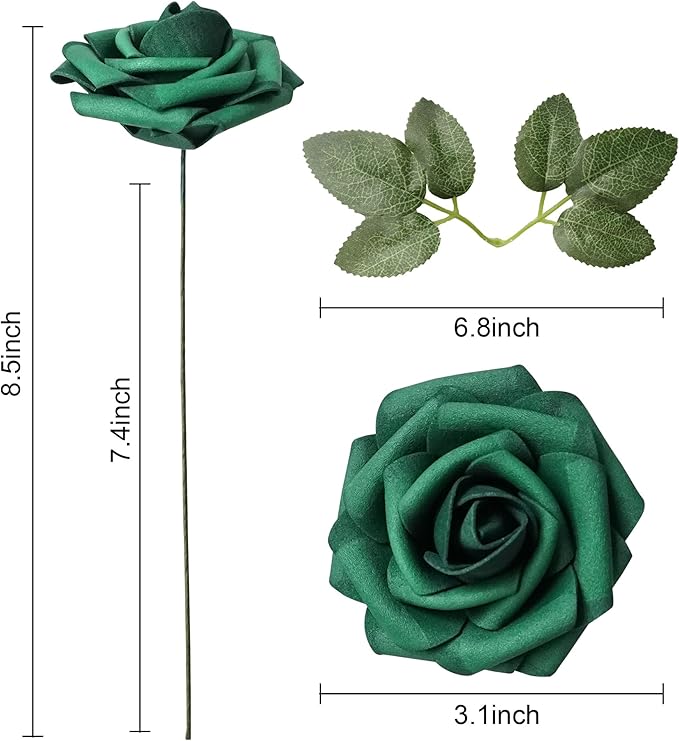 25pcs Dark Green Artificial Flower Foam Rose Real Touch Roses Flower Heads with Stem for DIY Wedding Bouquets Centerpieces Arrangements Party Baby Shower Home Decor (Dark Green)