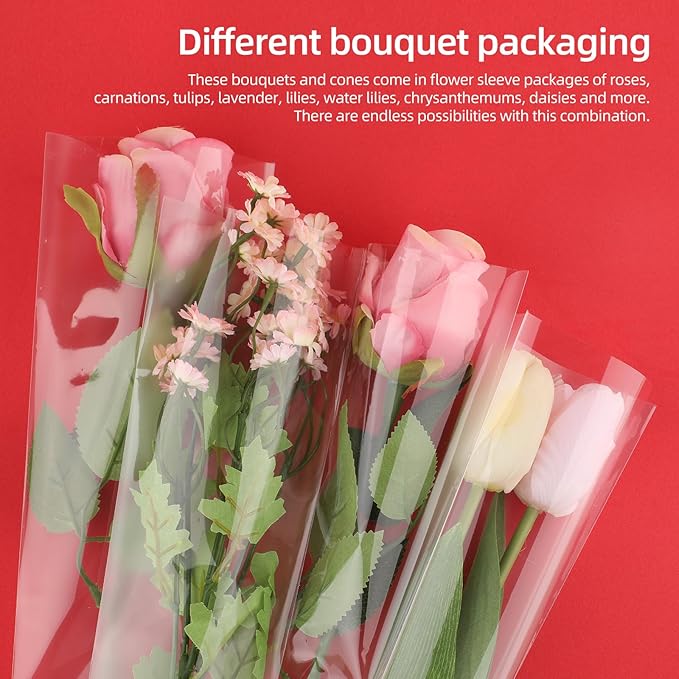 200 PCS Single Flower Sleeves Wrapping Bags with Floral Water Tubes for Bouquets, Single Rose Florist Bouquet Packaging Bags for Birthday Valentines Day, Wedding, Mother's Day Gifts