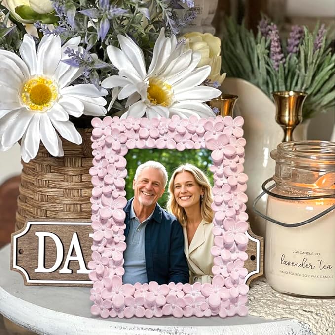 Hodao 4×6 Pink Floral Picture Frame — Handcrafted Textured Flower Picture Frame with Plastic Photo Cover & Built-In Easel for Tabletop Display, Decorative Home Décor, Nursery & Photo Keepsake