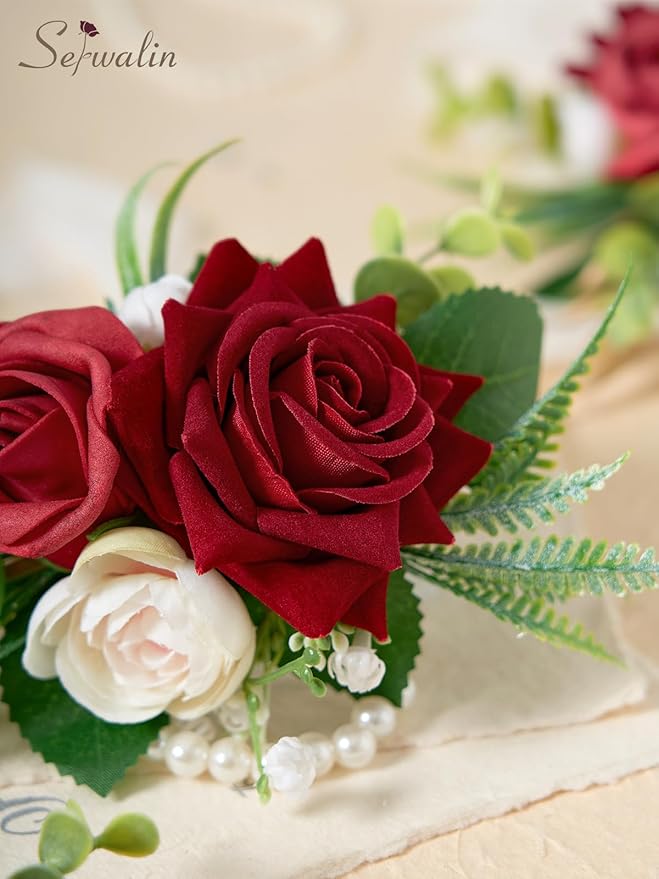 Serwalin 6 PCS Burgundy Wrist Corsage for Wedding, Roses Wrist Corsage for Prom Homecoming Party Corsage Hand Decor for Bride Bridesmaids, Mother of Bride and Groom