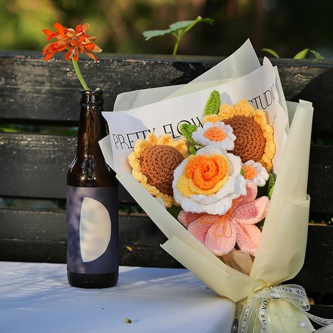 Crochet Flower Bouquet, Crochet Flowers for Graduation Gift, Handmade Sunflowers Tulips Roses 7Pcs, Wedding Bouquet, Home Decor, Anniversary, Birthday Gift for Women Wife Lover Friends (Sunflower)