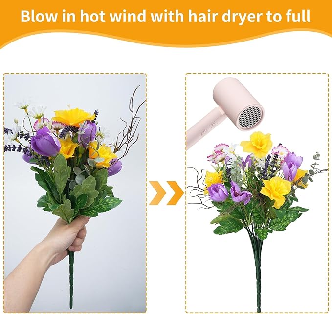 Fake Flowers Outdoor 15.7" Summer Artificial Wildflowers Bouquet Mixed Bush Faux Silk Flowers for Home Planter Porch Garden Cemetery Table Centerpieces Indoor Décor (Daffodils Tulips Daisies)