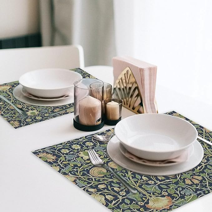 William Morris Flower Placemats Set of 6, Vintage Botanical Plant Place Mats, Heat Resistant Non Slip Cotton Linen Dining Table Mats for Home Kitchen Party 18x12 Inch