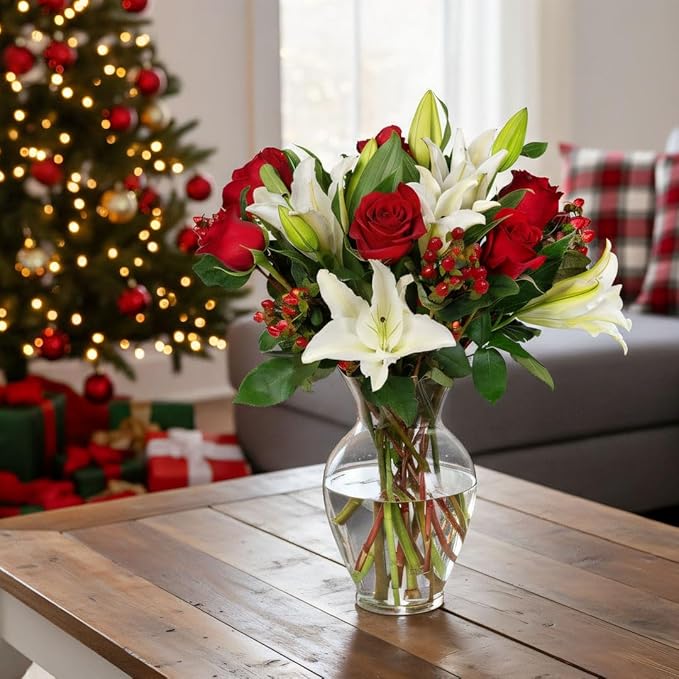 Benchmark Bouquets - Red Elegance (Glass Vase Included) - Fresh Flowers for Next Day Delivery - Gift for Christmas, Birthday, Anniversary, Sympathy, Get Well, Congratulations