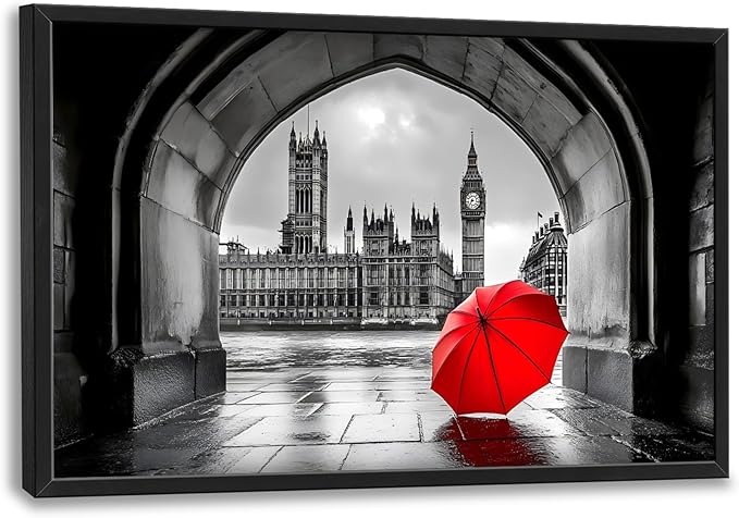 London City Large Wall Art Black and White Framed Red Wall Decor for Living Room, Big Ben Pictures Oversized Canvas Print Painting Modern Extra Large Framed Artwork for Bedroom Office 36"x24"