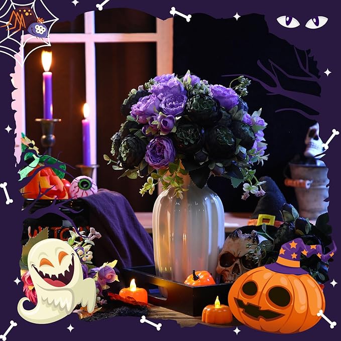 Geosar 8 Bundles Artificial Peonies Flowers Fake Silk Peony Bouquet Faux Peonies Flowers Bulk for Decoration Vase Floral Arrangements Wedding Party Table (Black,Purple)
