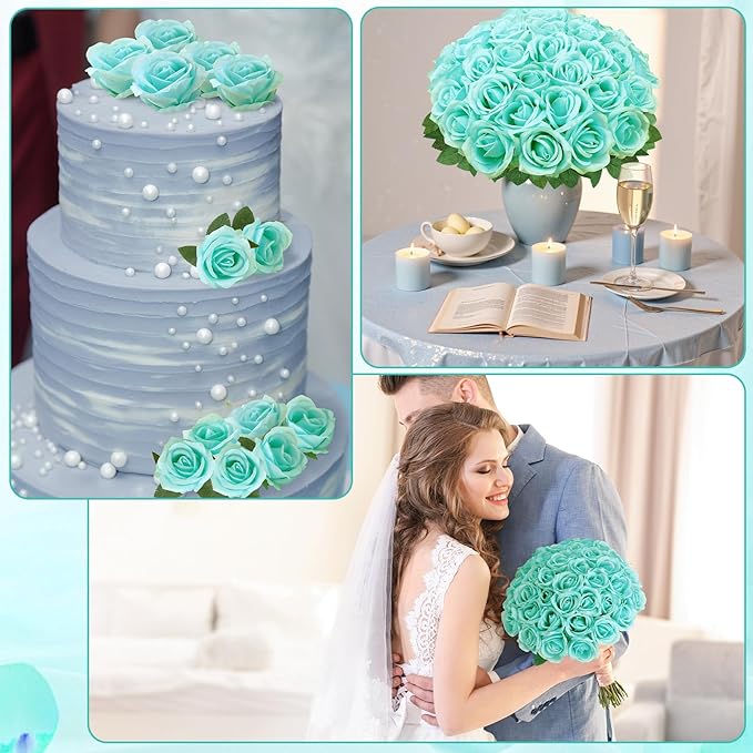 36 Pcs Turquoise Artificial Roses with Long Stems, Fake Silk Rose Artificial Flowers Bulk for Bridal Wedding Bouquet Centerpiece Ball Arrangement Party Decor