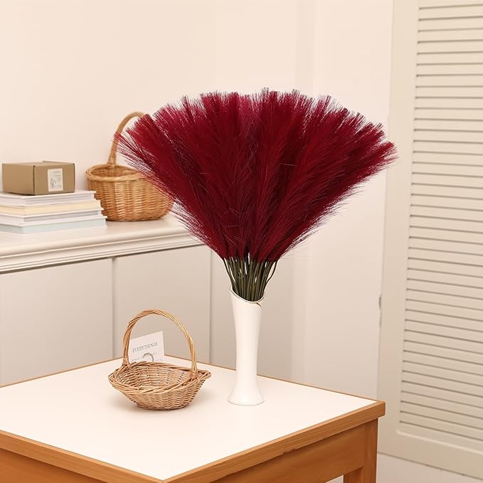 Faux Burgundy Pampas Grass - 30pcs 24 Inch Artificial Pampas Grass Decor Tall, Fake Pompas Grass for Vase Filler, Table Centerpieces, Wedding, Party and Home Decor (Burgundy, 30 Pieces)
