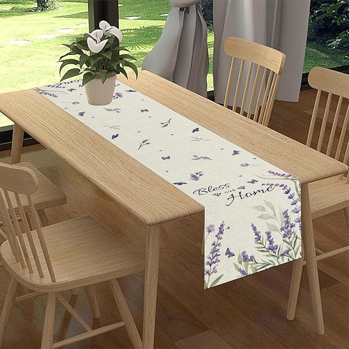 Purple Floral Table Runner, Spring Summer Watercolor Lavender Flower Country Farmhouse Coffee Coffee Table Center Decor for Home Kitchen Dining Patio Holiday Party Table Decorations 13x72 inches