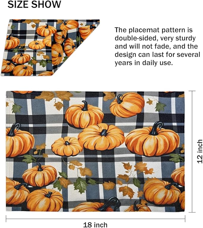 Halloween Pumpkin Placemats Set of 6, Washable Linen Place Mats, Black Buffalo Plaid Table Mats for Kitchen Dining Table Decor Heat Resistant Tablemats 12x18