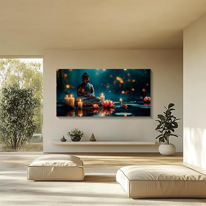 Iallbin Buddha Wall Art & Zen Wall Decor, White Lotus on Water Canvas Painting - for Yoga Meditation Room, Spa & Bathroom, Blue Art Deco Style, 48x24 Inches