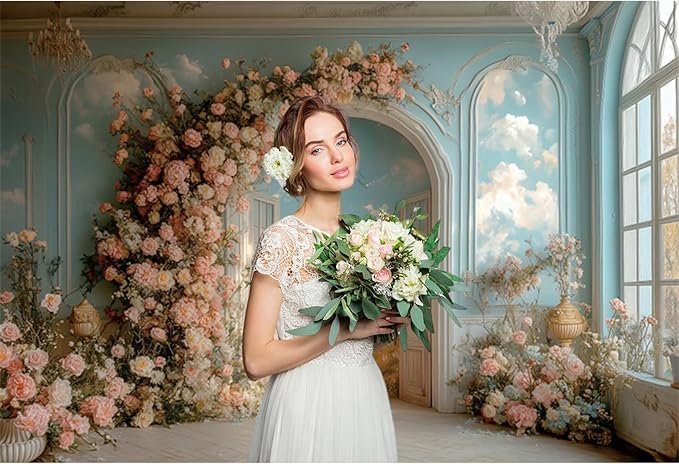 Baocicco 15x10ft Floral Wall Photography Background Romantic Style Arch Door Oil Painting Flowers Photo Background for Women Wedding Party Banner Supplies Girls Birthday Decorations Photoshoot Studio