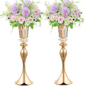 22in Gold Vases for Centerpieces, 2Pcs Metal Tall Trumpet Vases Wedding Reception Centerpieces, Crystal Flower Vase for Table Wedding Party Event Home Decor