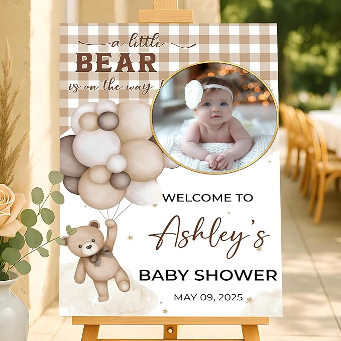 Personalized Baby Shower Welcome Sign For Outdoor, Custom Bear And Balloon Baby Shower Yard Sign With Photo, A Little Bear Is On The Way Sign, Moon Star Decorations Theme