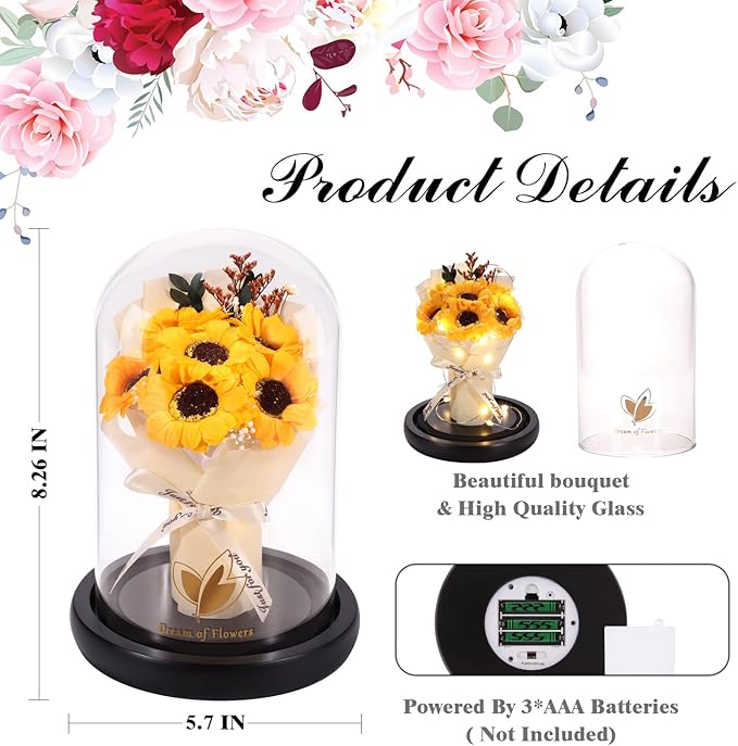 Christmas Sunflower Gifts for Mom-Preserved Artificial Rose Flower Gifts for Women Friends Sister Sunflower Gifts for Her,Light Up Rose in A Glass Dome-Thankgiving Xmas Birthday Valentines Anniversary