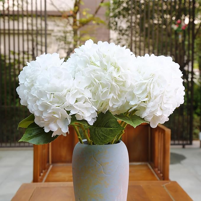 Hydrangea Artificial Flowers with Stems 6 PCS 19.3" Latex Faux Hydrangea Fake Flowers Bulk Real Touch for Vase Indoor Home Decoration Wedding Centerpieces Arrangements (White)