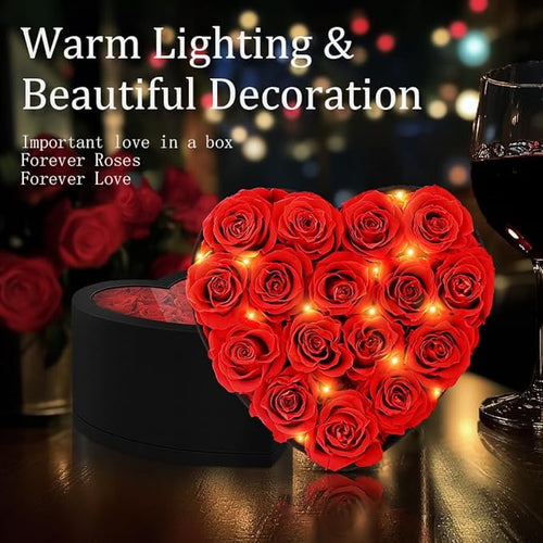 16 Forever Flowers, 9.2 inch Preserved Flowers in Heart Shape Box with Lights, Fresh Preserved Roses Gift for Her, Eternal Roses Gifts for Women Wife Birthday Mothers Day, Valentines Day Anniversary