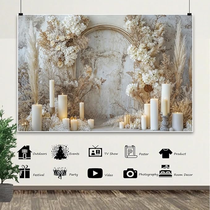 7x5ft Vintage White Flowers Backdrop Romantic Candles Old Concrete Wall Photography Background for Wedding Mothers Day Valentines Day Bridal Birthday Princess Couples Women Portraits