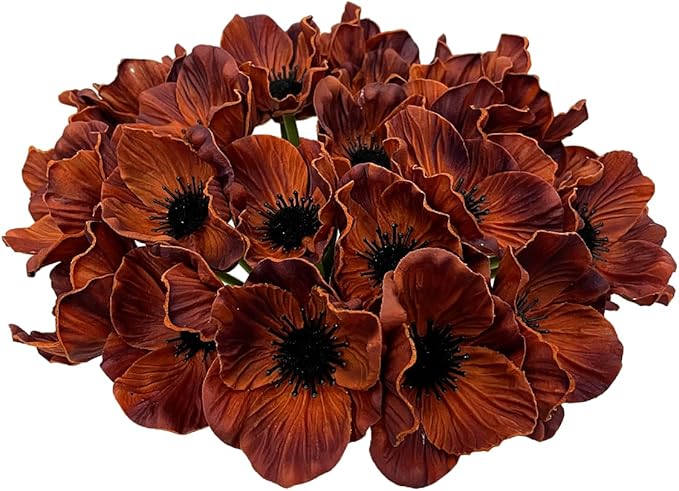 14Pcs Real Touch Anemone Poppy Bouquet for Artificial Flower Decor Kitchen Table Centerpiece Vase Home Greenery Wedding Holding Flowers Backdrop Arch Wall (Brown)