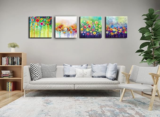 Flowers Bathroom Decor Canvas Wall Art, Colorful Floral Artwork Painting Prints Modern Pictures Framed for Bedroom Office Living Room Decorations - 12"x12"x4 panel