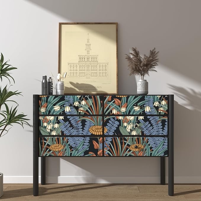 Boho Floral Wallpaper Peel and Stick, Vintage Botanical Wall Paper, Self Adhesive Wall Mural 17.5" x 78.7" Tropical Retro Contact Paper Waterproof for Bedroom Walls Cabinet (Black, Orange, Blue)