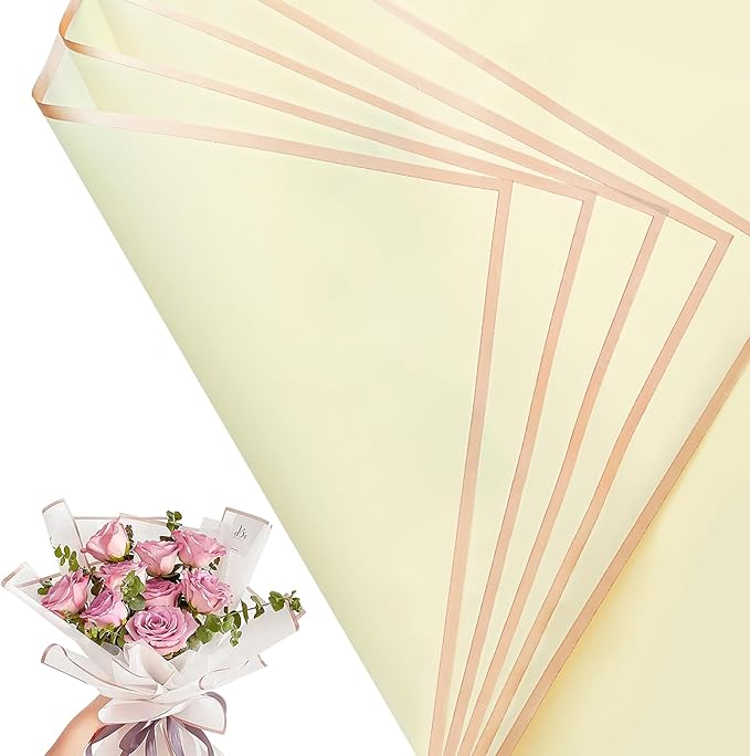 30 Sheets Pale Yellow Gold Edge Flower Bouquet Wrapping Paper，Florist Supplies Waterproof Floral Bouquet Wrapping Paper Bouquet Accessorie，Flower Shop Packaging Pape for DIY Gift Wedding Birthday