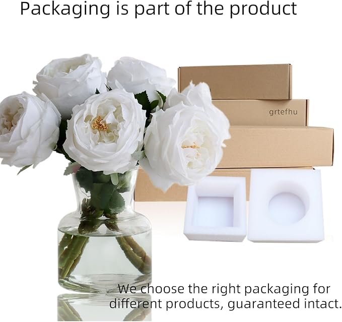 6Pcs Fake Austin Rose Peonies Flowers with Vase, Clear Glass Vase with White Real Touch Peonies Artificial Flowers Home Decor(White)