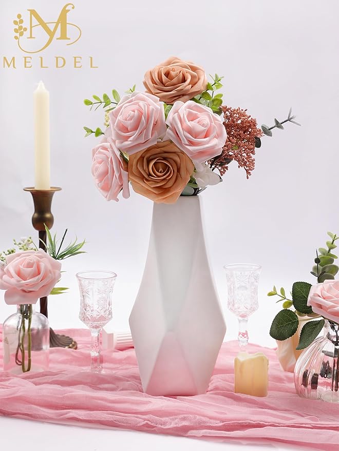 Meldel Artificial Flowers 25pcs Real Looking Blush Foam Fake Roses with Stems for DIY Wedding Bouquets Bridal Shower Centerpieces Floral Arrangements Home Decorations