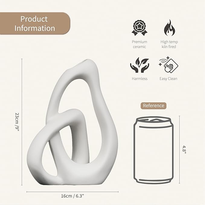 Unique White Ceramic Vases for Home Decor, 9.1" H Boho Nordic Aesthetic Modern Style, Decorative Vases for Home Decor Living Room