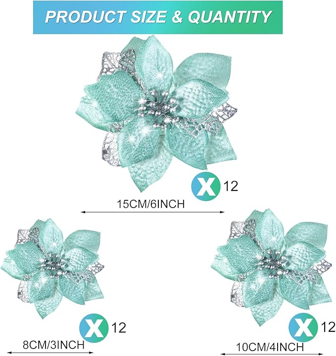 WILLBOND 36 Pieces Christmas Poinsettia Glitter Faux Flowers Christmas Artificial Flowers Tree Ornaments Topper Xmas Decorations(Blue-Green)