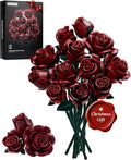 iATOM Burgundy Red Rose Bouquet Building Set, Artificial Flowers Botanical Collection Kit for Adults Women, Gift for Christmas and Valentines Day - Gothic Home Office Table Centerpiece Decor - IA11016