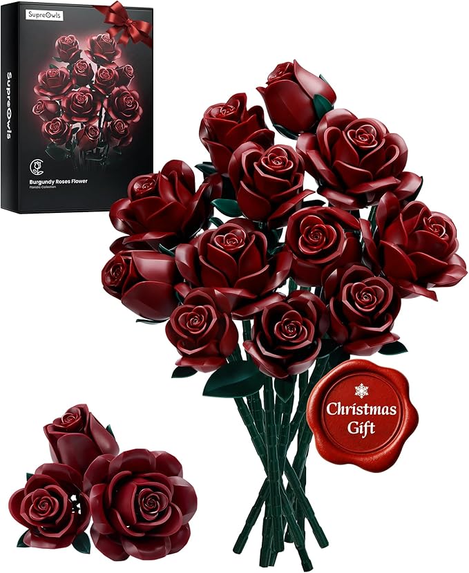 iATOM Burgundy Red Rose Bouquet Building Set, Artificial Flowers Botanical Collection Kit for Adults Women, Gift for Christmas and Valentines Day - Gothic Home Office Table Centerpiece Decor - IA11016