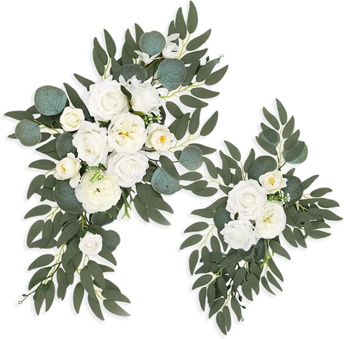 White Wedding Arch Flowers, Faux Flower Swag Set of 2, White Floral Swag for Wedding Arch Welcome Signs, Reception Ceremony Signs Decor