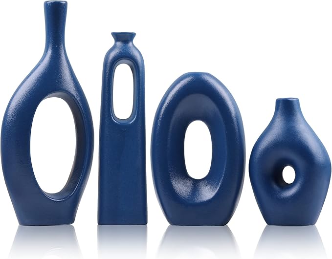 Blue Ceramic Vase Set of 4 - Round Hollow Boho Vases for Pampas Grass and Flowers Decor, Modern Minimalist Small Vases for Living Room, Bedroom, Fireplace, Coffee Table Decor and Centerpieces