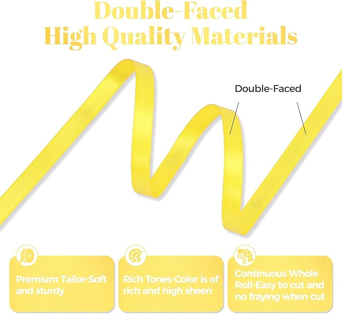 Daffodil Yellow Satin Ribbon, Double Faced 1/4 Inch X 25 Yards Daffodil Ribbon, Premium Satin Ribbon for Gift Wrapping, Crafts, Hair Bow Making, Sewing, Flower Bouquet, Wedding Party Decor