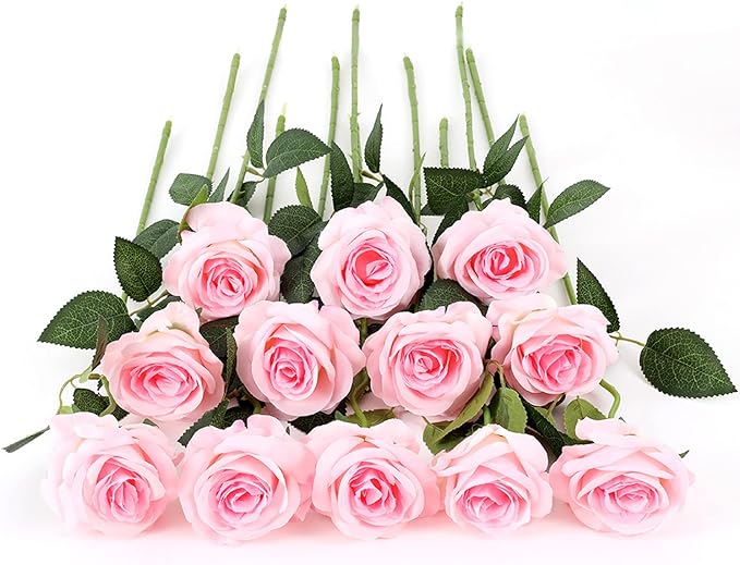 Laelfe 12 PCS Artificial Flowers Roses Fake Silk Flowers Long Stem Artificial Roses for Home Wedding Decorations