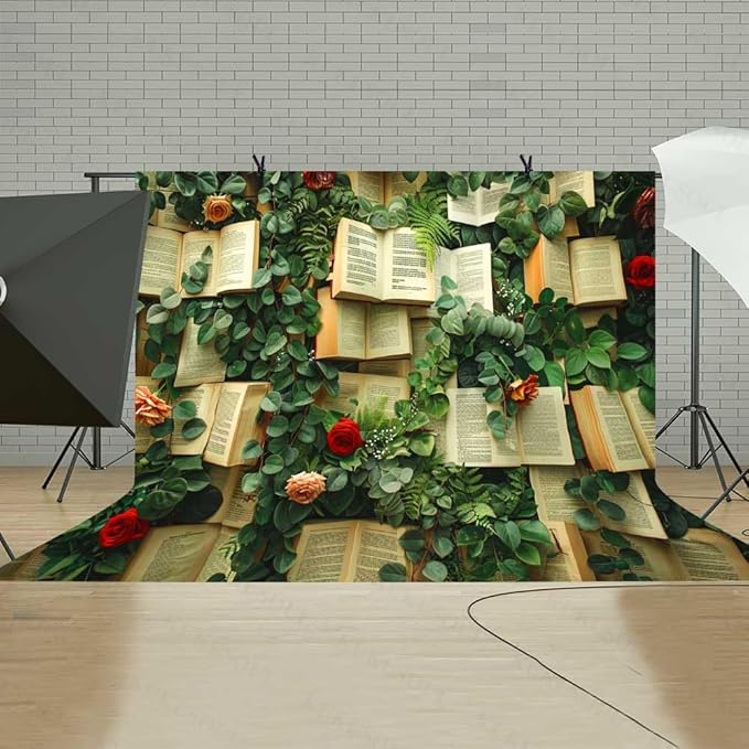 10x8FT Book Flowers Photo Backdrop Vintage Books Page Red Rose Flowers Weeding Background for Birthday Wedding Party Portrait Decoration Supplies Photo Booth Props KUBDJ1002