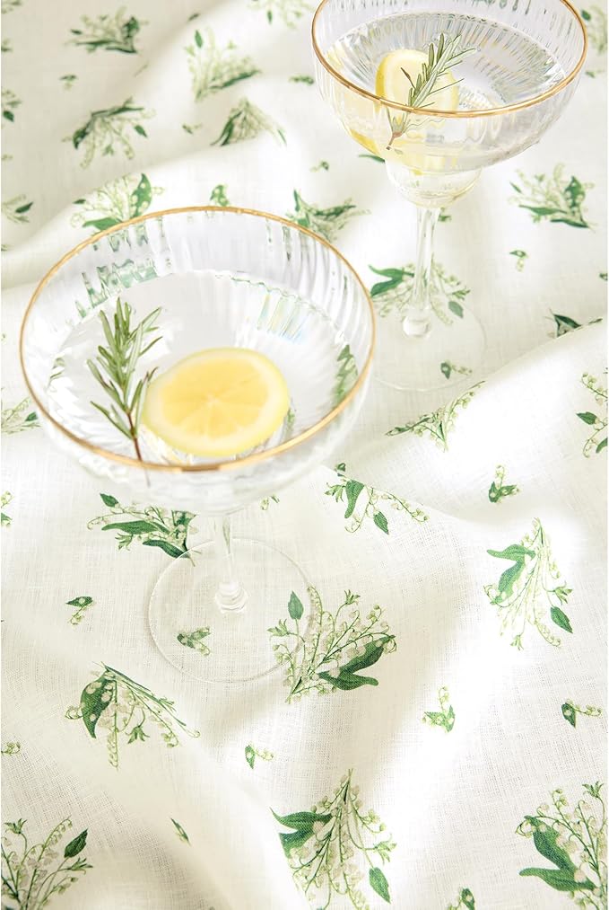 Solino Home Lily Floral Print Table Runner 48 inch - 100% Pure Linen Table Runner 14 x 48 Inch - Machine Washable - Lily of The Valley/Off White Print