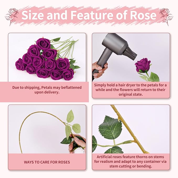 52 PCS Purple Roses Artificial Flowers, Fake Purple Roses, Purple Artificial Roses with Stems for Wedding Flowers Decoration, Valentines Roses, Wedding Decoration