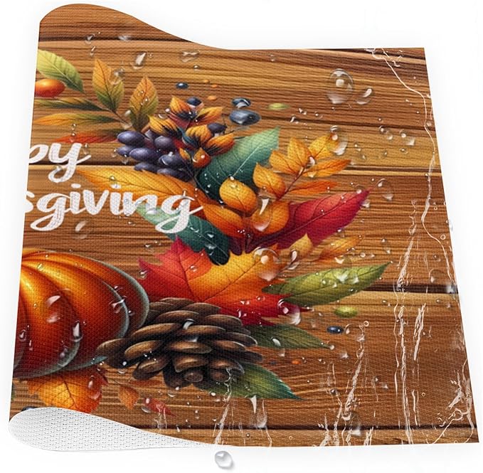 Thanksgiving Pumpkin Holiday Rainbow Placemats Set of 4 PVC Vinyl Non Slip Table Mats Heat Resistant Place Mats Washable Wipeable Dining Table Mat for Kitchen Party Indoor Outdoor Decorative Gift