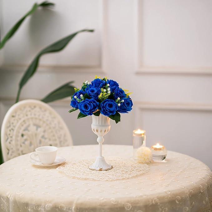 BLOSMON Royal Blue Artificial Flowers: 6 Pcs Fake Roses Flower Ball Centerpieces for Wedding Dinning Table - Faux Silk Kissing Bouquet with Base Floral Arrangement for Home Party Event Decor