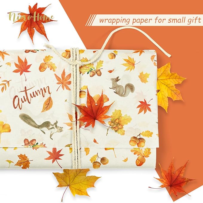 NICROHOME EUR Fall Wrapping Tissue Paper, 24 Sheet Orange Autumn Maple Leaves Gift Wrap Tissue Paper for Fall Baby Shower Wedding Party Decor, Thanksgiving Day Gift Packaging Supplies 15 x 20 Inch